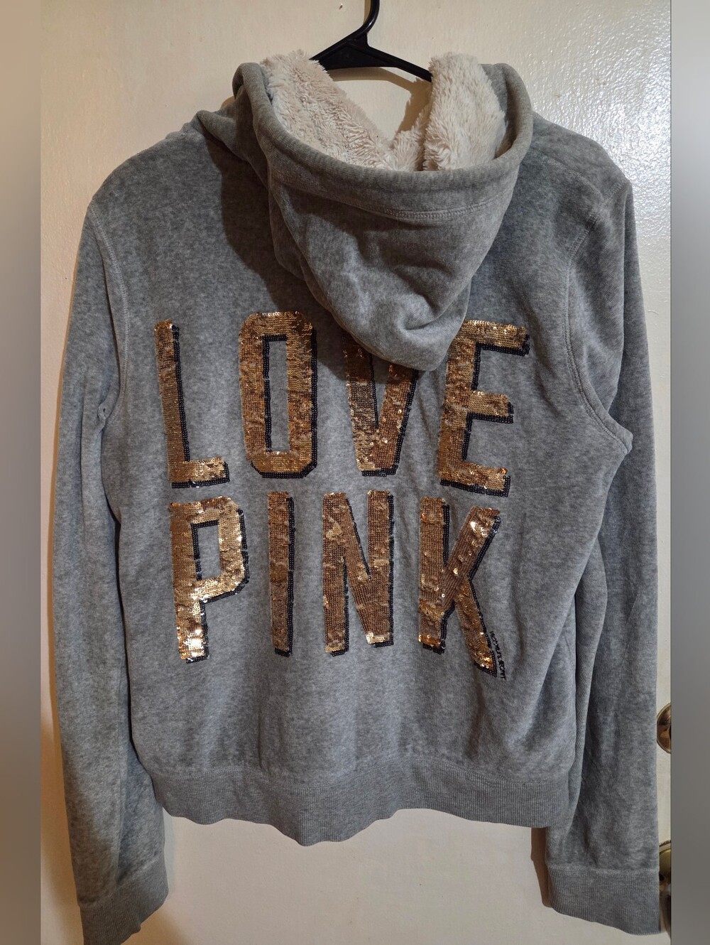 Victoria's Secret PINK Y2K 12 Gray Velour Fur-Lined Bling Full Zip Hoodie Size L